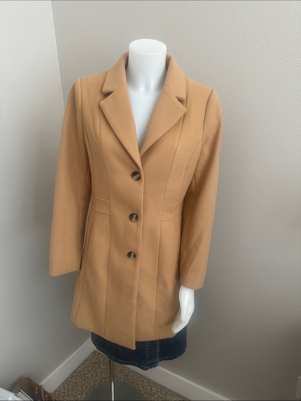 Allegra K Tan Single-Breasted Tailored Pea Coat